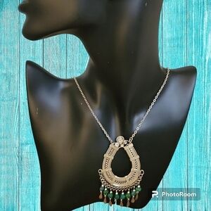 Peruvian Silver Horseshoe Malachite Fringe Lavalier Necklace